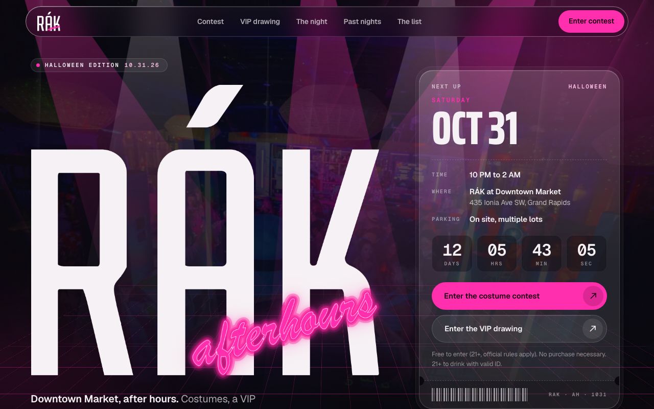 RÁK afterhours home page for the October 31 Halloween night