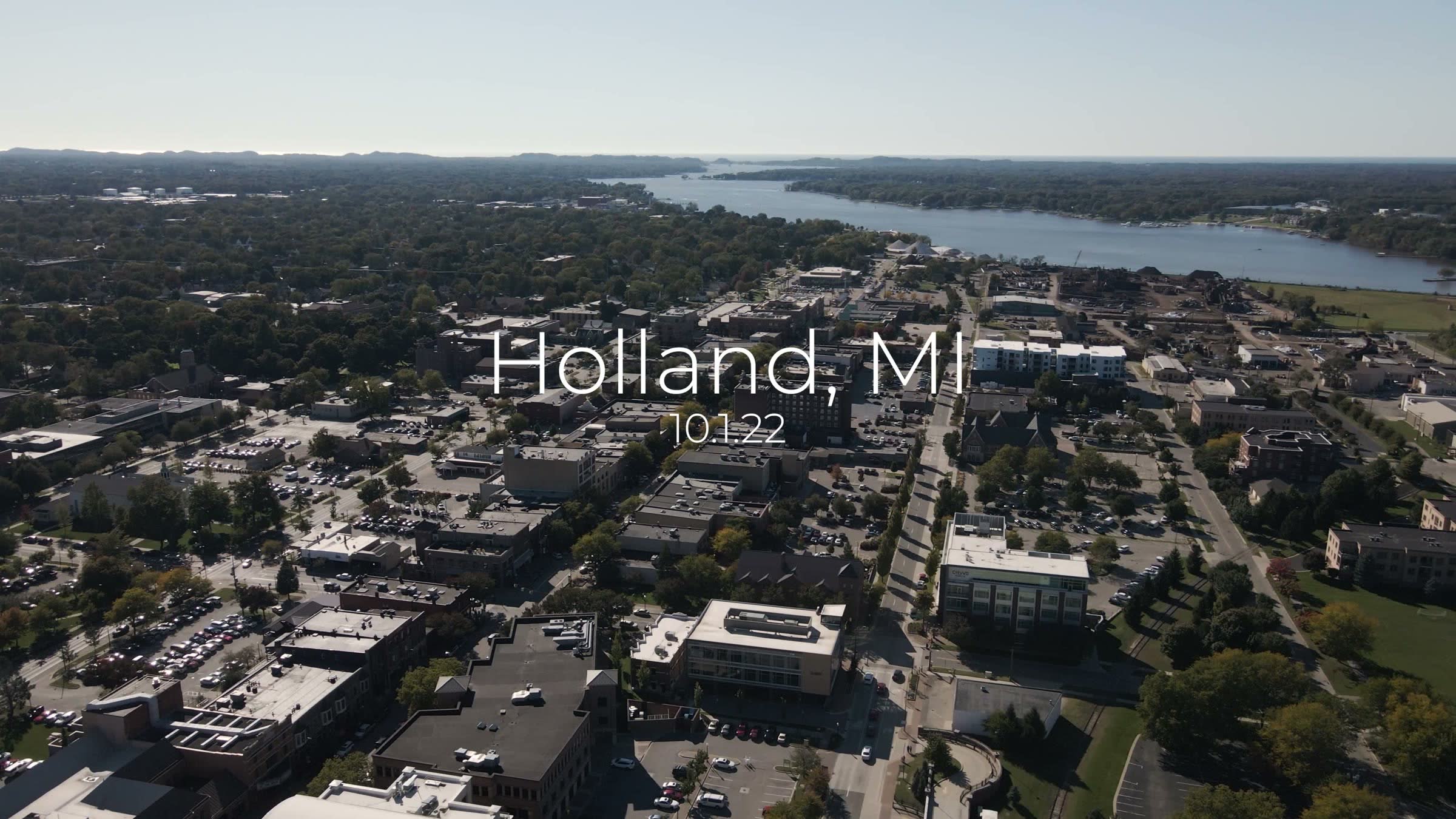 Aerial view of downtown Holland and Lake Macatawa at midday, October 1, 2022